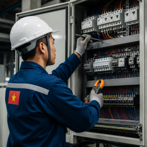 Tủ điện công nghiệp với nhiều dây dẫn và thiết bị điều khiển bên trong, thể hiện sự phức tạp của hệ thống