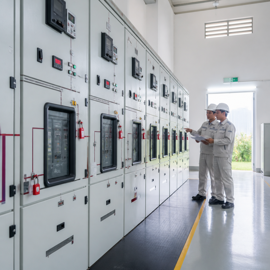 Các kỹ sư đang kiểm tra hệ thống tủ điện công nghiệp, đảm bảo tuân thủ tiêu chuẩn an toàn nghiêm ngặt