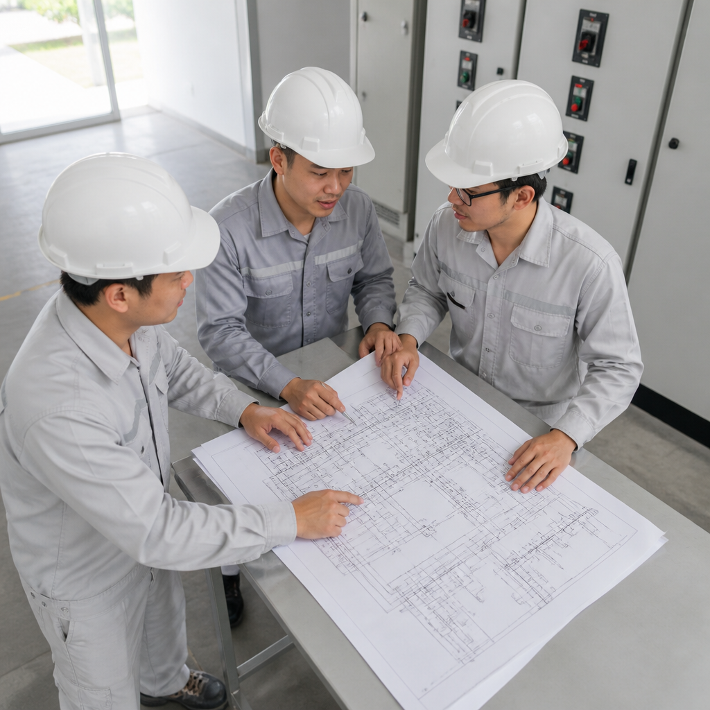 Các kỹ sư đang thảo luận về sơ đồ điện, thể hiện sự chuyên nghiệp trong việc tư vấn và thiết kế tủ điện