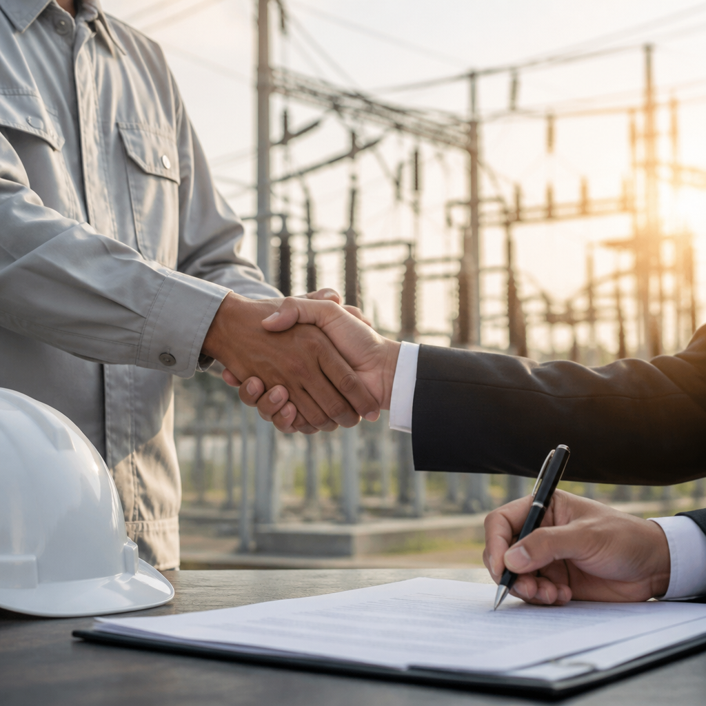 Khách hàng và đại diện công ty điện nhà xưởng ký kết hợp đồng thi công minh bạch