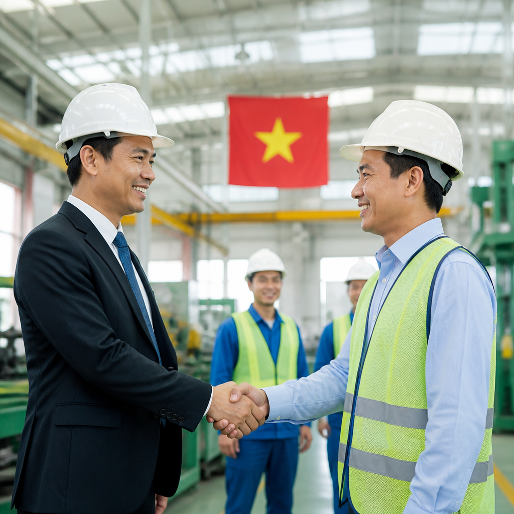 Kỹ sư và khách hàng bắt tay tại công trường nhà xưởng, thể hiện sự hợp tác
