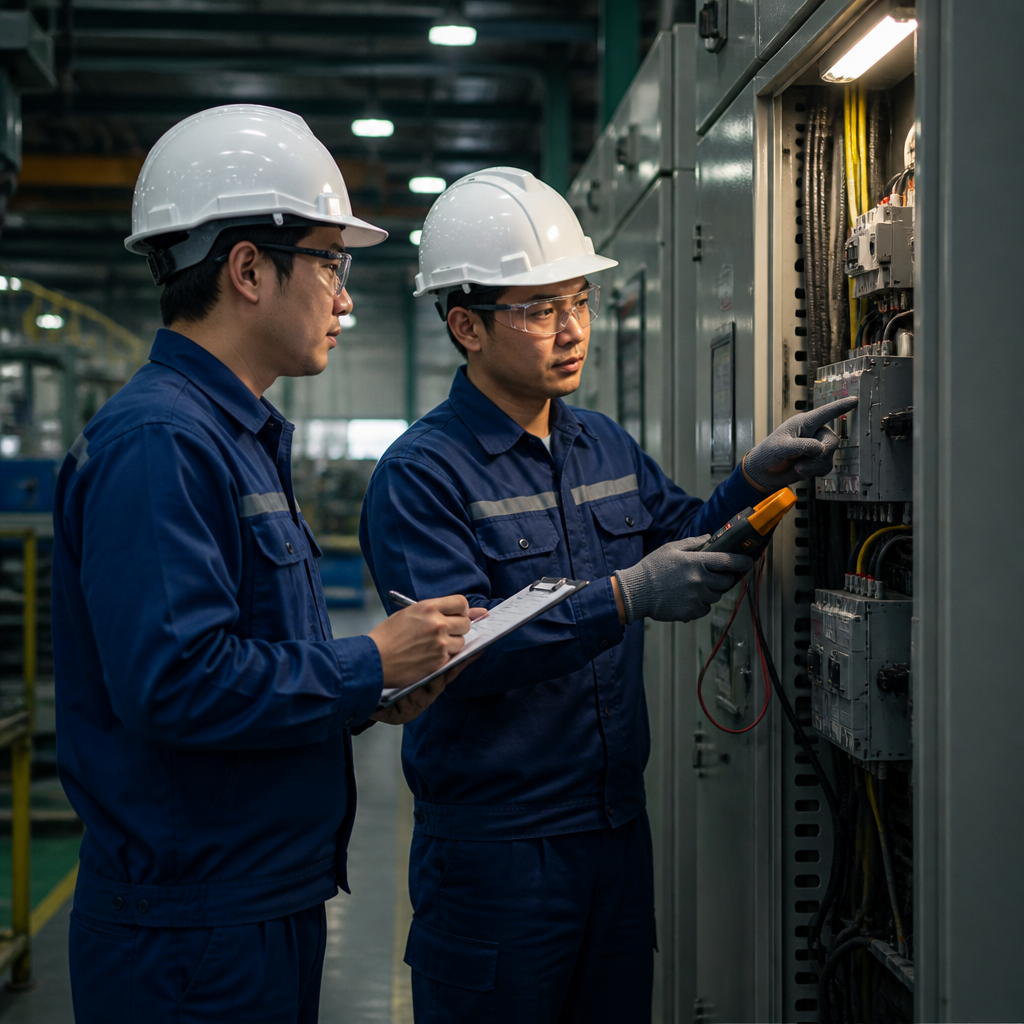 Kỹ sư đang kiểm tra hệ thống dây điện và tủ điện trong nhà xưởng để nhận diện rủi ro điện.
