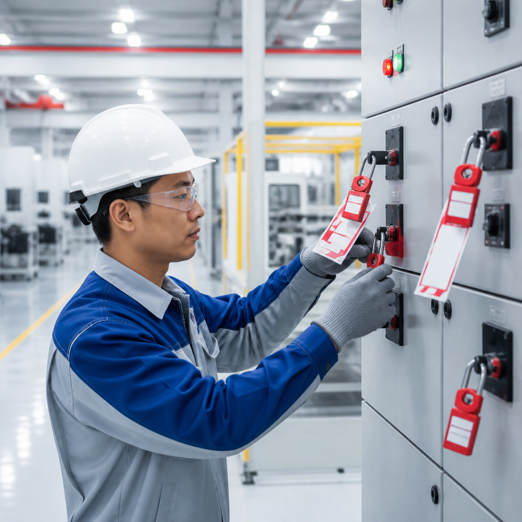 Bàn tay công nhân đang gắn khóa và thẻ cảnh báo LOTO trên cầu dao điện trong nhà xưởng.