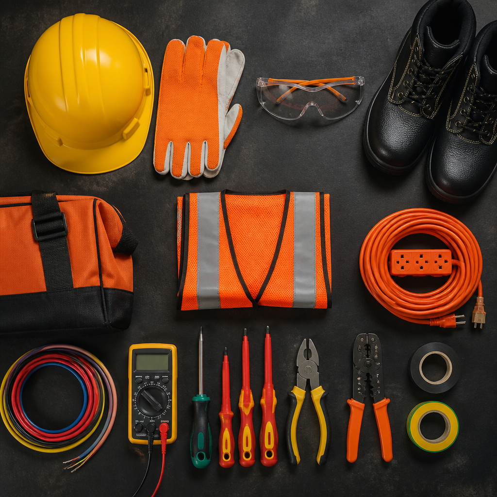 Thợ điện mang trang bị bảo hộ cá nhân (PPE) đang kiểm tra hệ thống điện trong nhà xưởng.