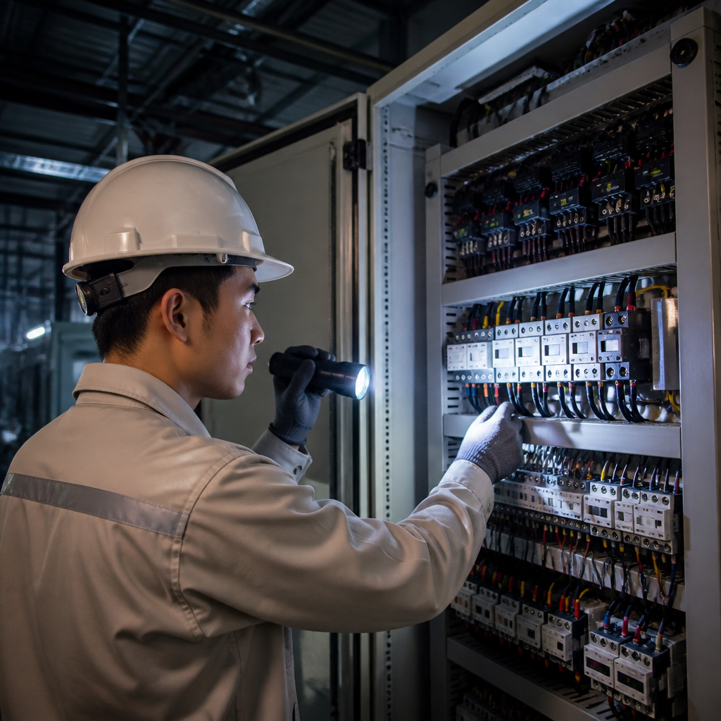 Chuyên gia thực hiện bảo trì định kỳ hệ thống điện trong nhà xưởng để phòng ngừa sự cố.