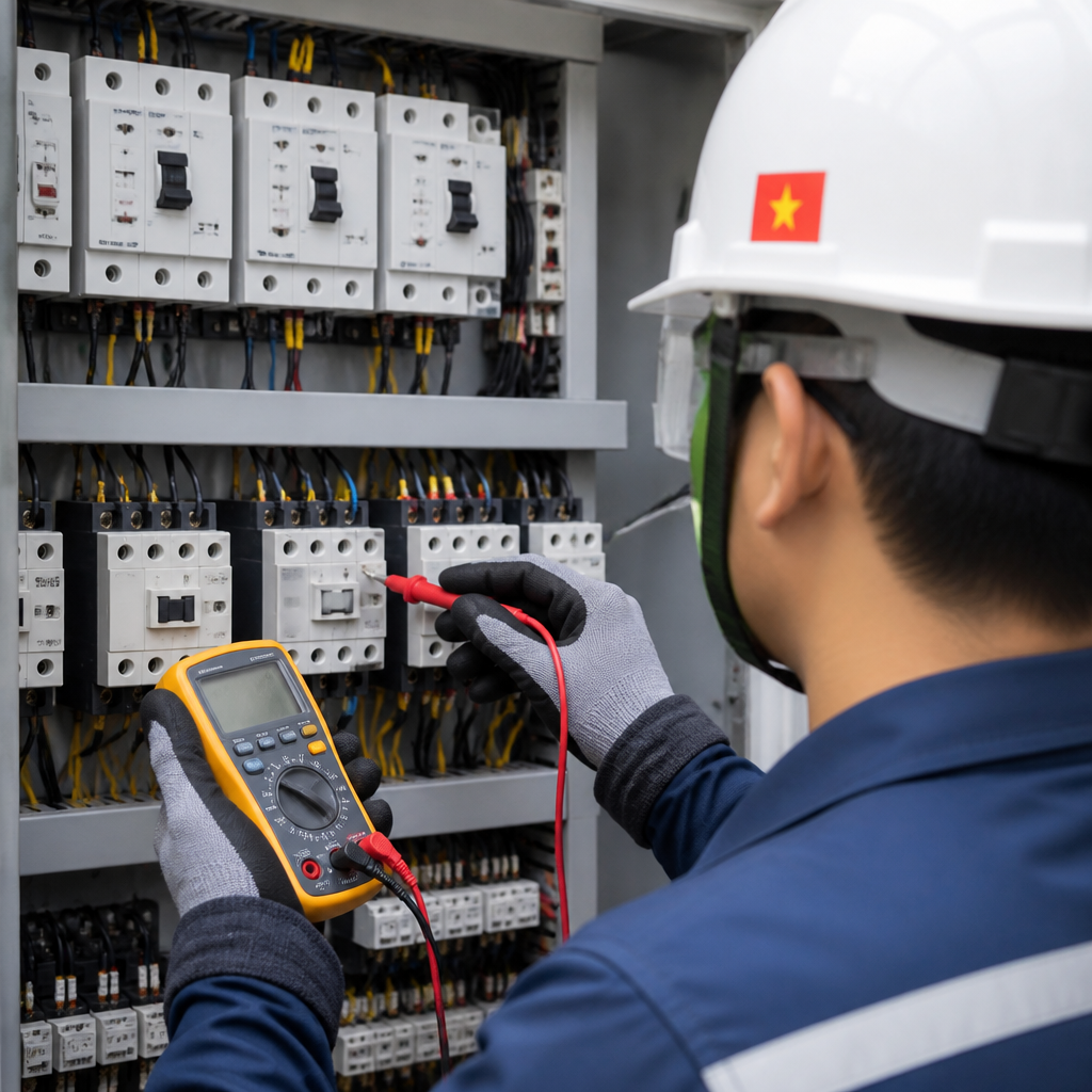 Minh họa tiêu chuẩn an toàn điện nhà xưởng với kỹ sư kiểm tra hệ thống dây dẫn