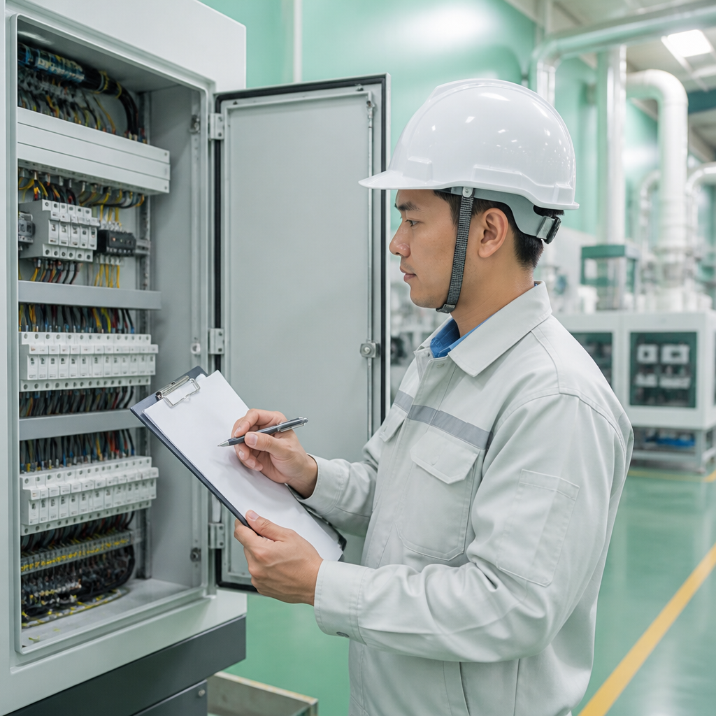 Kỹ thuật viên kiểm tra tủ điện và không gian thao tác