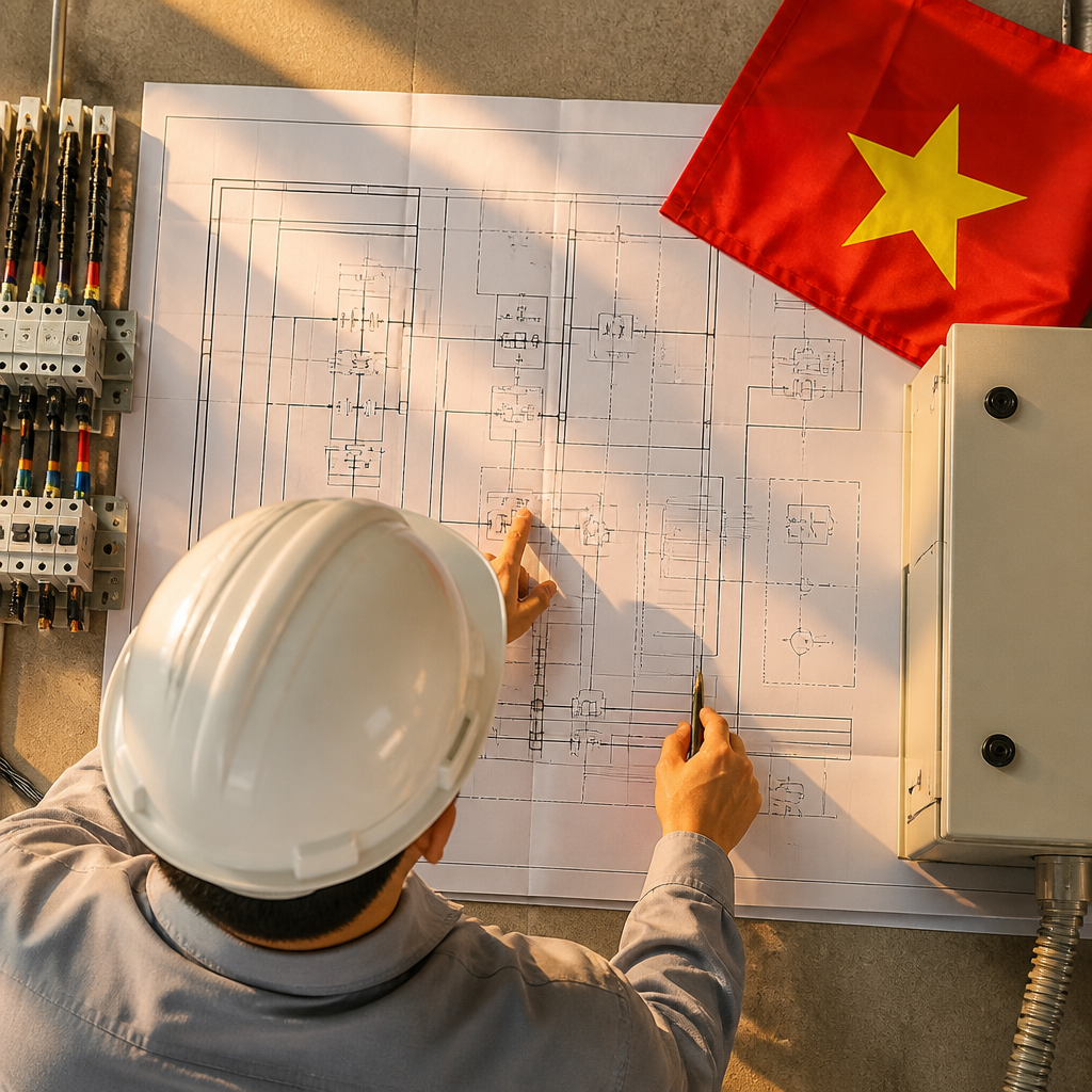 Hai kỹ sư đang thảo luận về bản vẽ hệ thống điện cho nhà xưởng